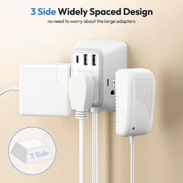 Alt view image 3 of 7 - Split Extension Cord 12FT, Twin Extension Cord Splitter with 3 AC Outlets on Each Side, 2 USB-A & 1 USB-C, Flat Plug Double Extension Cord for Behind Sofa Nightstands