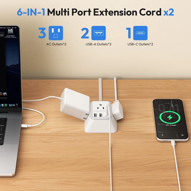 Alt view image 6 of 7 - Split Extension Cord 12FT, Twin Extension Cord Splitter with 3 AC Outlets on Each Side, 2 USB-A & 1 USB-C, Flat Plug Double Extension Cord for Behind Sofa Nightstands