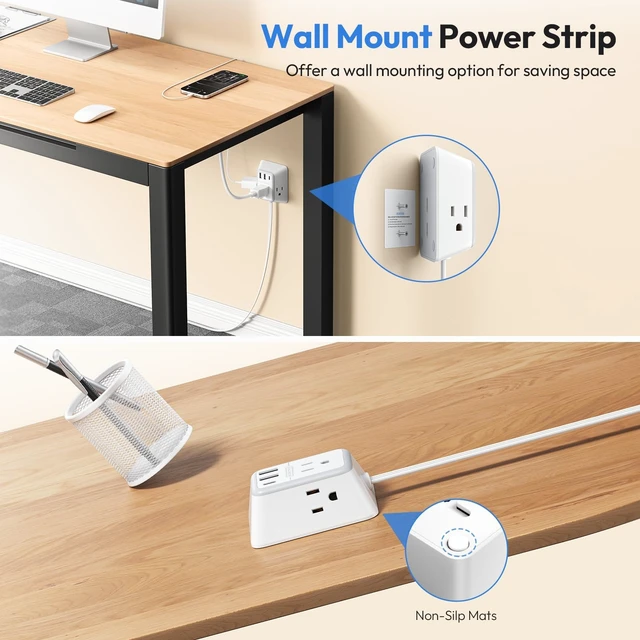 Alt view image 7 of 7 - Split Extension Cord 12FT, Twin Extension Cord Splitter with 3 AC Outlets on Each Side, 2 USB-A & 1 USB-C, Flat Plug Double Extension Cord for Behind Sofa Nightstands
