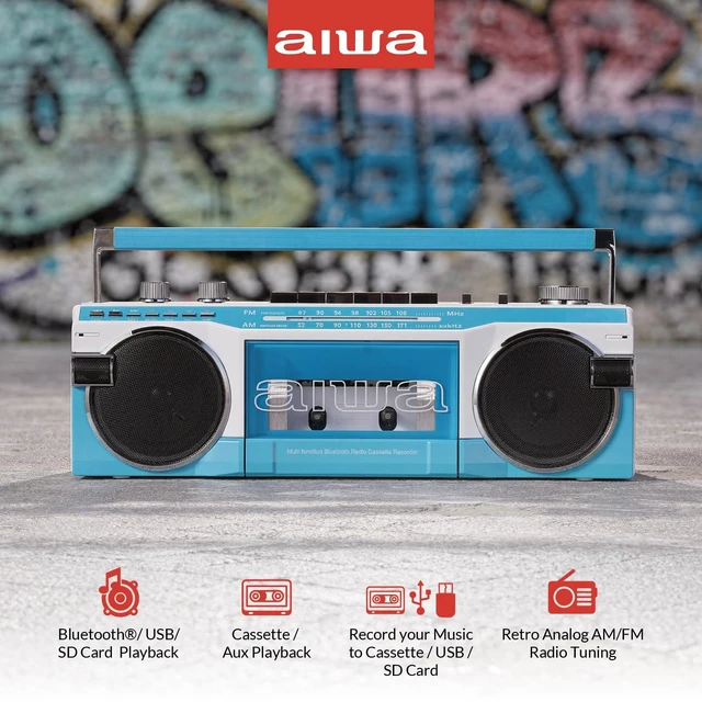 Alt view image 4 of 7 - Streetjam Retro Boombox Cassette Player & Recorder, Bluetooth 5.3 Wireless Speaker, FM/AM Radio, USB/SD MP3, AUX, Portable Handle (Blue/White)