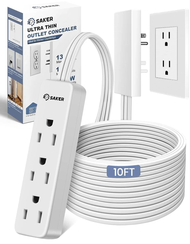 Main image of Outlet Concealer, 10ft Flat Extension Cord, 3 Outlets, White 10ft Flat Extension Cord, Universal Outlet Concealer, 3 Built-In AC Outlets, Baby Proof Cable Management