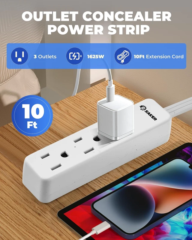 Alt view image 3 of 7 - Outlet Concealer, 10ft Flat Extension Cord, 3 Outlets, White 10ft Flat Extension Cord, Universal Outlet Concealer, 3 Built-In AC Outlets, Baby Proof Cable Management