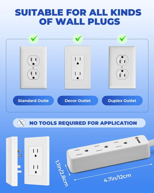 Alt view image 5 of 7 - Outlet Concealer, 10ft Flat Extension Cord, 3 Outlets, White 10ft Flat Extension Cord, Universal Outlet Concealer, 3 Built-In AC Outlets, Baby Proof Cable Management