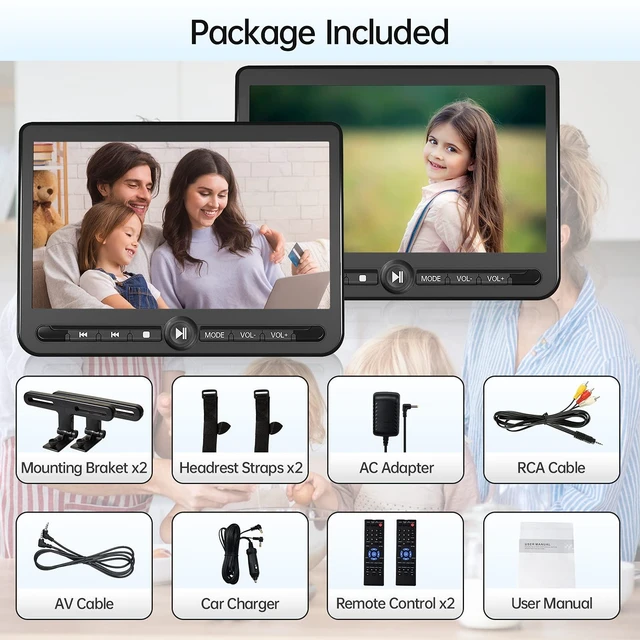 Alt view image 7 of 7 - 10.5" Dual Portable DVD Player, Rechargeable Car Headrest Screen Play Same or Two Different Movies, 5-Hour Battery, AV/USB/SD Support, Last Memory, two mounting brackets straps