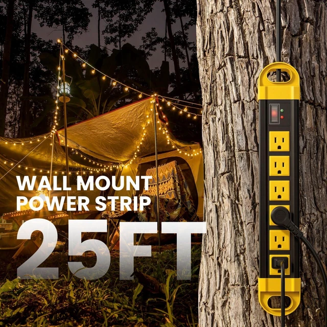 Alt view image 6 of 7 - Outdoor Power Strip Weatherproof, 2700J Surge Protector, Yellow 25Ft IPX6 Waterproof 6 Plug Extender Port, Exterior Long Extension Cord with Multiple Outlets for Garden, Christmas Decor