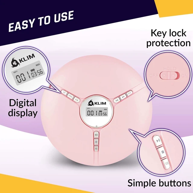 Alt view image 4 of 7 - Discman Portable CD Player with Headphones, Built-in Battery, MP3 Skip-Free and Shock-Resistant Playback, 5 EQ Effects, Supports SD Cards, WMA Files - Pink
