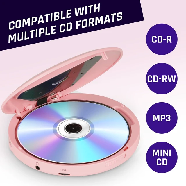 Alt view image 7 of 7 - Discman Portable CD Player with Headphones, Built-in Battery, MP3 Skip-Free and Shock-Resistant Playback, 5 EQ Effects, Supports SD Cards, WMA Files - Pink