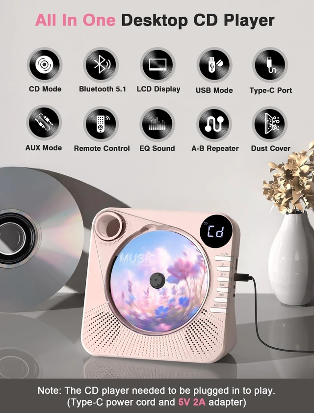Alt view image 2 of 7 - CD Player with HiFi Dual Speaker Bluetooth/USB/AUX Mode for Home Pink Desktop CD Player with Remote Control,Dust Cover,LCD Display,Sleep Timer,EQ Sound,A-B Repeat,Kids,Gift