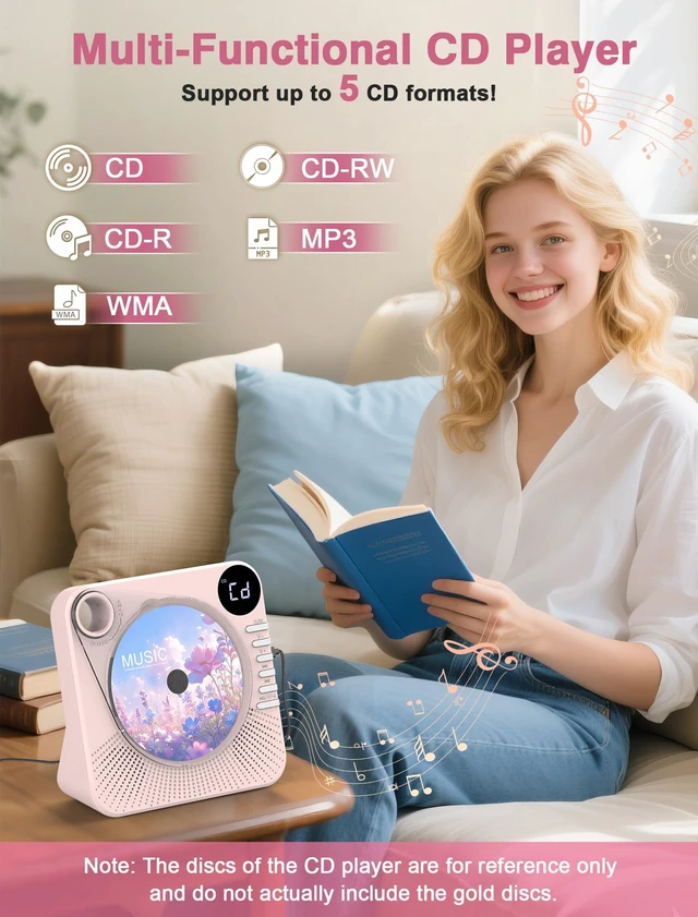 Alt view image 3 of 7 - CD Player with HiFi Dual Speaker Bluetooth/USB/AUX Mode for Home Pink Desktop CD Player with Remote Control,Dust Cover,LCD Display,Sleep Timer,EQ Sound,A-B Repeat,Kids,Gift