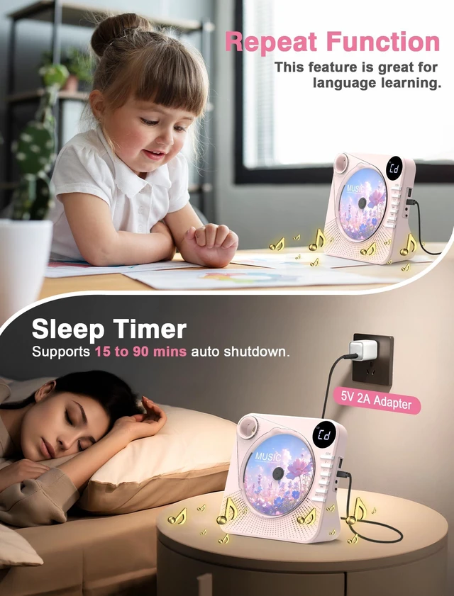 Alt view image 6 of 7 - CD Player with HiFi Dual Speaker Bluetooth/USB/AUX Mode for Home Pink Desktop CD Player with Remote Control,Dust Cover,LCD Display,Sleep Timer,EQ Sound,A-B Repeat,Kids,Gift