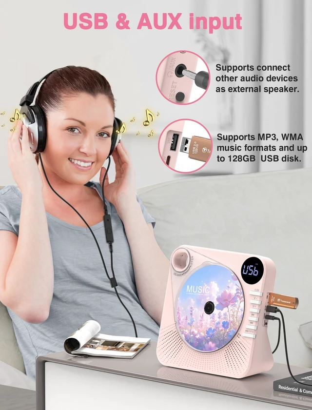 Alt view image 7 of 7 - CD Player with HiFi Dual Speaker Bluetooth/USB/AUX Mode for Home Pink Desktop CD Player with Remote Control,Dust Cover,LCD Display,Sleep Timer,EQ Sound,A-B Repeat,Kids,Gift