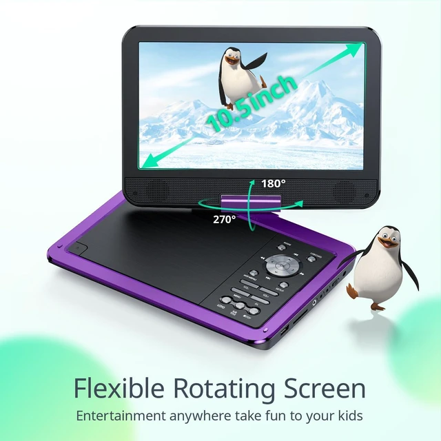 Alt view image 2 of 7 - 12.5" Portable DVD Player, 10.5" HD Screen for Car and Kids, 6H Easy Setup for Kids & Elderly, All-Region Playback, Headphone Jack, AV-IN/AV-OUT, Not Support Blu-ray