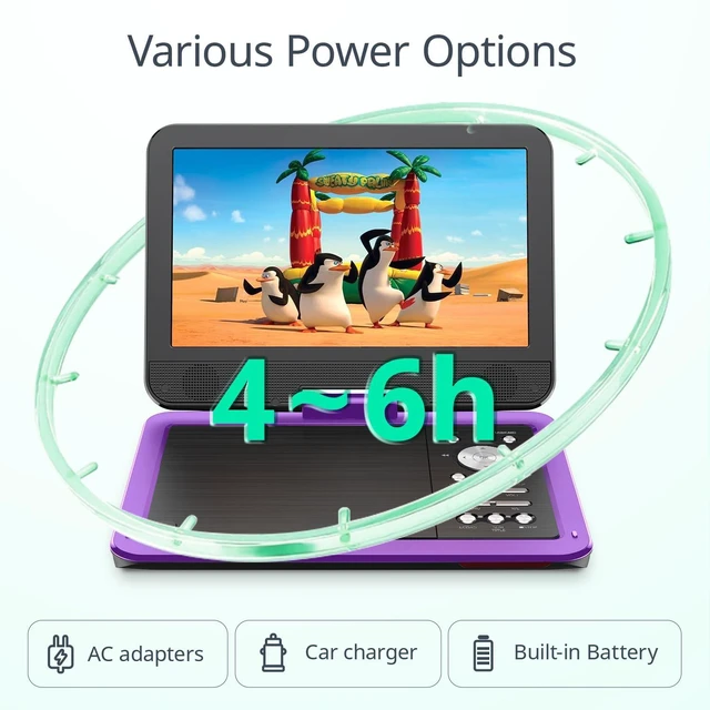 Alt view image 5 of 7 - 12.5" Portable DVD Player, 10.5" HD Screen for Car and Kids, 6H Easy Setup for Kids & Elderly, All-Region Playback, Headphone Jack, AV-IN/AV-OUT, Not Support Blu-ray