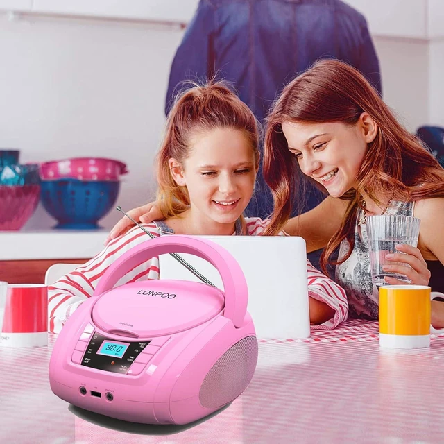 Alt view image 2 of 7 - CD Player Portable Boombox with FM Radio USB/Bluetooth/AUX Input and Earphone Jack Output, Stereo Sound Speaker & Audio Player,Pink