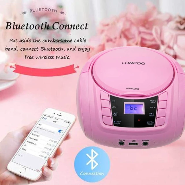 Alt view image 4 of 7 - CD Player Portable Boombox with FM Radio USB/Bluetooth/AUX Input and Earphone Jack Output, Stereo Sound Speaker & Audio Player,Pink