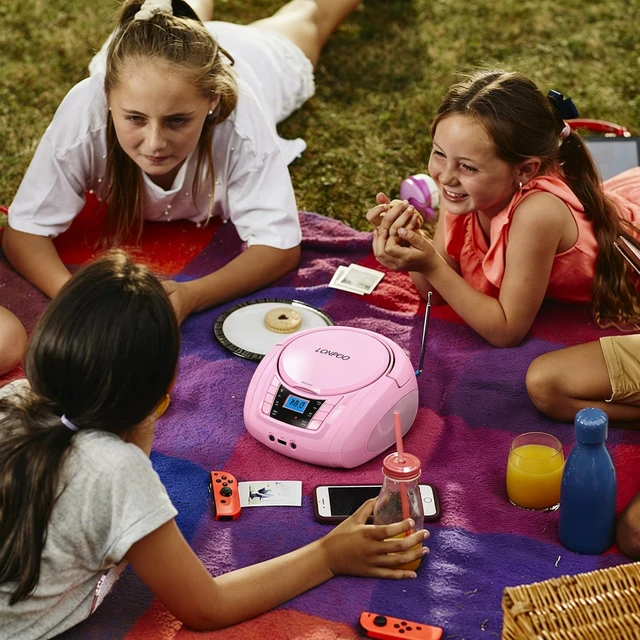 Alt view image 3 of 7 - CD Player Portable Boombox with FM Radio USB/Bluetooth/AUX Input and Earphone Jack Output, Stereo Sound Speaker & Audio Player,Pink