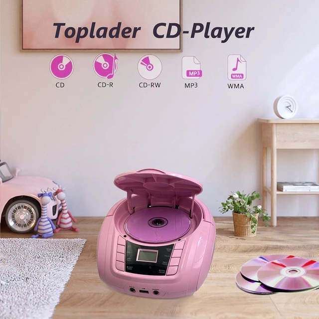 Alt view image 5 of 7 - CD Player Portable Boombox with FM Radio USB/Bluetooth/AUX Input and Earphone Jack Output, Stereo Sound Speaker & Audio Player,Pink