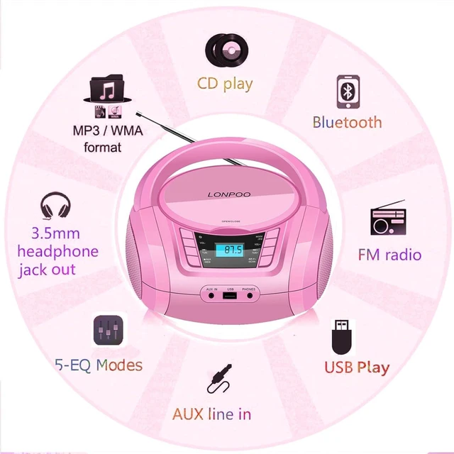 Alt view image 6 of 7 - CD Player Portable Boombox with FM Radio USB/Bluetooth/AUX Input and Earphone Jack Output, Stereo Sound Speaker & Audio Player,Pink