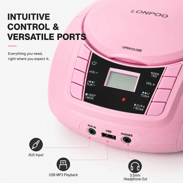 Alt view image 7 of 7 - CD Player Portable Boombox with FM Radio USB/Bluetooth/AUX Input and Earphone Jack Output, Stereo Sound Speaker & Audio Player,Pink