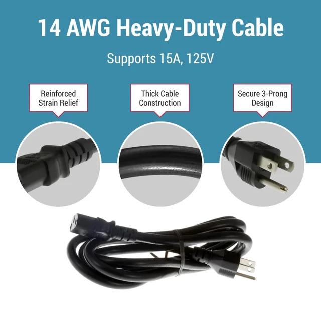 Alt view image 5 of 7 - Heavy Duty AC Power Cord 8ft (2.4m), NEMA 5-15P to C13 3 Prong Replacement Power Cord, 15A/125V, 14 AWG, NEMA 5-15P to IEC 60320 C13 for PC, Monitor and Workstation Devices
