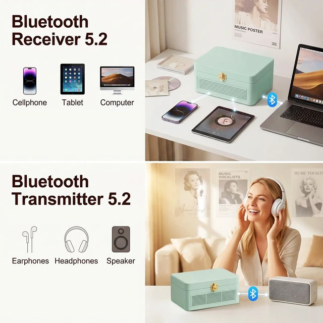 Alt view image 3 of 7 - CD Player Portable Bluetooth Retro CD Players Rechargeable 3600mAh Vintage CD-Player with Dual Speakers Hifi Sound & Radio & Remote Control Support USB/AUX Playback Headphone Jack