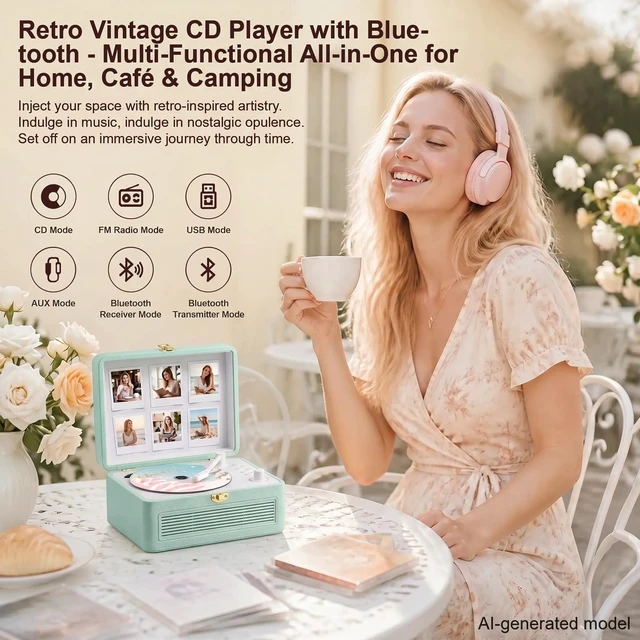 Alt view image 2 of 7 - CD Player Portable Bluetooth Retro CD Players Rechargeable 3600mAh Vintage CD-Player with Dual Speakers Hifi Sound & Radio & Remote Control Support USB/AUX Playback Headphone Jack