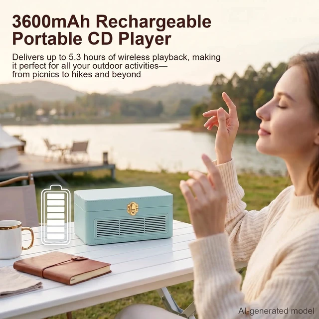 Alt view image 6 of 7 - CD Player Portable Bluetooth Retro CD Players Rechargeable 3600mAh Vintage CD-Player with Dual Speakers Hifi Sound & Radio & Remote Control Support USB/AUX Playback Headphone Jack