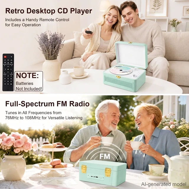 Alt view image 5 of 7 - CD Player Portable Bluetooth Retro CD Players Rechargeable 3600mAh Vintage CD-Player with Dual Speakers Hifi Sound & Radio & Remote Control Support USB/AUX Playback Headphone Jack