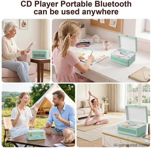 Alt view image 7 of 7 - CD Player Portable Bluetooth Retro CD Players Rechargeable 3600mAh Vintage CD-Player with Dual Speakers Hifi Sound & Radio & Remote Control Support USB/AUX Playback Headphone Jack