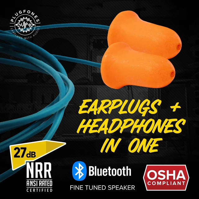 Alt view image 2 of 7 - Basic Pro Bluetooth Earplug Headphones for Work, OSHA Compliant 25dB NRR Hearing Protection Earplugs, Wireless Safety Earbuds, Noise Isolating Mic, Construction, Warehouse, Blue & Yellow