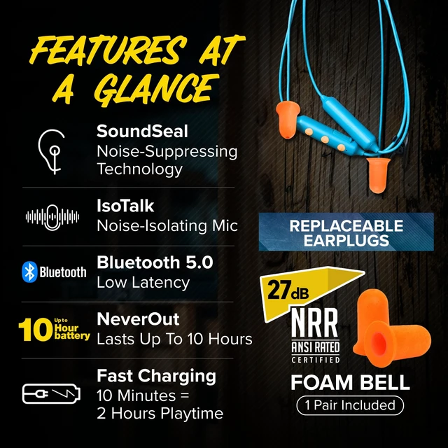 Alt view image 4 of 7 - Basic Pro Bluetooth Earplug Headphones for Work, OSHA Compliant 25dB NRR Hearing Protection Earplugs, Wireless Safety Earbuds, Noise Isolating Mic, Construction, Warehouse, Blue & Yellow