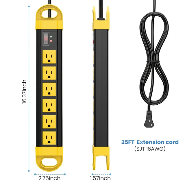 Alt view image 2 of 7 - Outdoor Power Strip Weatherproof, 2700J Surge Protector, Yellow 25Ft IPX6 Waterproof 6 Plug Extender Port, Exterior Long Extension Cord with Multiple Outlets for Garden, Christmas Decor
