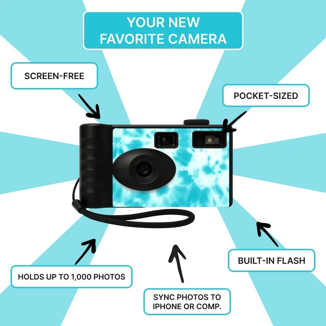 Alt view image 6 of 7 - Screen Free Digital Camera Four Built in Filters Rechargeable, 8mp, Lightweight, Focus-Free, Auto-Flash, Easy-to-Use, Reusable, Retro Film-Style Photos (Blue Tie Dye)