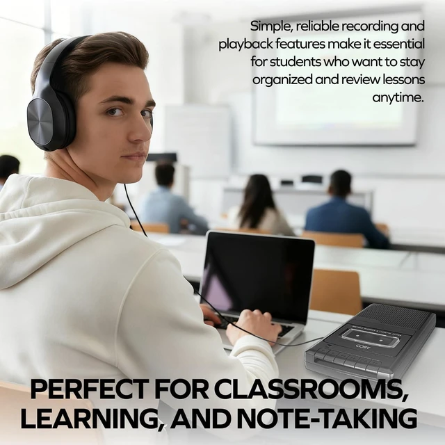Alt view image 3 of 7 - Portable Cassette Tape Player & Voice Recorder Bundle w/Over-Ear Headphones One-Touch Button Captures Audio with Auto-Stop; Built-In & External Mic Jack; 4x C Battery or AC Power; Compact Carry Handle