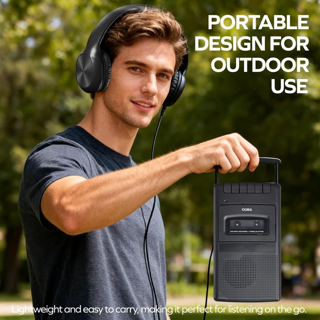 Alt view image 6 of 7 - Portable Cassette Tape Player & Voice Recorder Bundle w/Over-Ear Headphones One-Touch Button Captures Audio with Auto-Stop; Built-In & External Mic Jack; 4x C Battery or AC Power; Compact Carry Handle