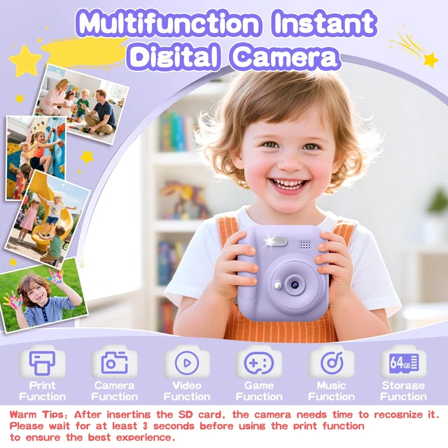 Alt view image 2 of 7 - Kids Instant Camera with 64GB SD Card, Portable Digital Camera Toy for Girls and Boys Ages 3-12, Toddler Christmas and Birthday Gift for 3 4 5 6 7 8 9 10 Year Old Kids (Blue) (Purple)