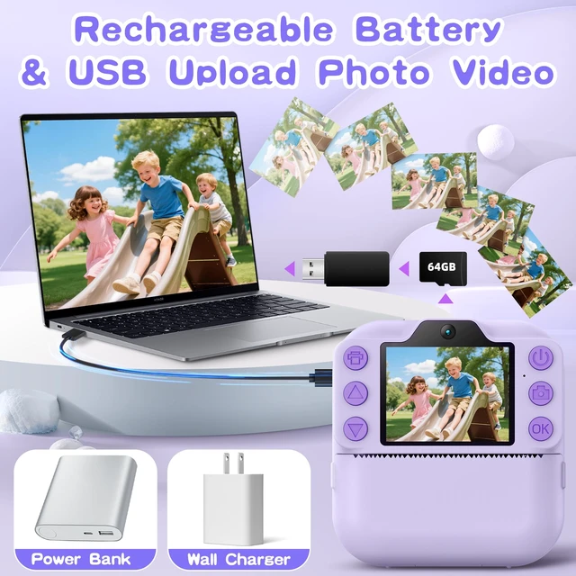 Alt view image 6 of 7 - Kids Instant Camera with 64GB SD Card, Portable Digital Camera Toy for Girls and Boys Ages 3-12, Toddler Christmas and Birthday Gift for 3 4 5 6 7 8 9 10 Year Old Kids (Blue) (Purple)