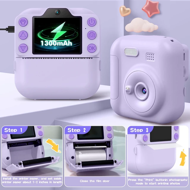 Alt view image 7 of 7 - Kids Instant Camera with 64GB SD Card, Portable Digital Camera Toy for Girls and Boys Ages 3-12, Toddler Christmas and Birthday Gift for 3 4 5 6 7 8 9 10 Year Old Kids (Blue) (Purple)