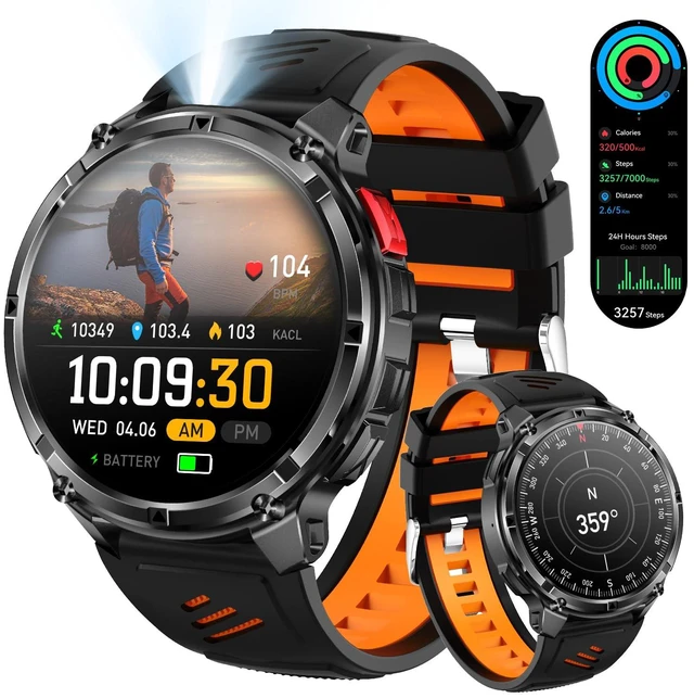Main image of Military Smartwatch for Men with Compass & Flashlight, Rugged Smart Watch with Bluetooth Calling, Outdoor Fitness Tracker with Heart Rate Sleep Monitor, 100+ Sport Modes Waterproof for Android iPhone