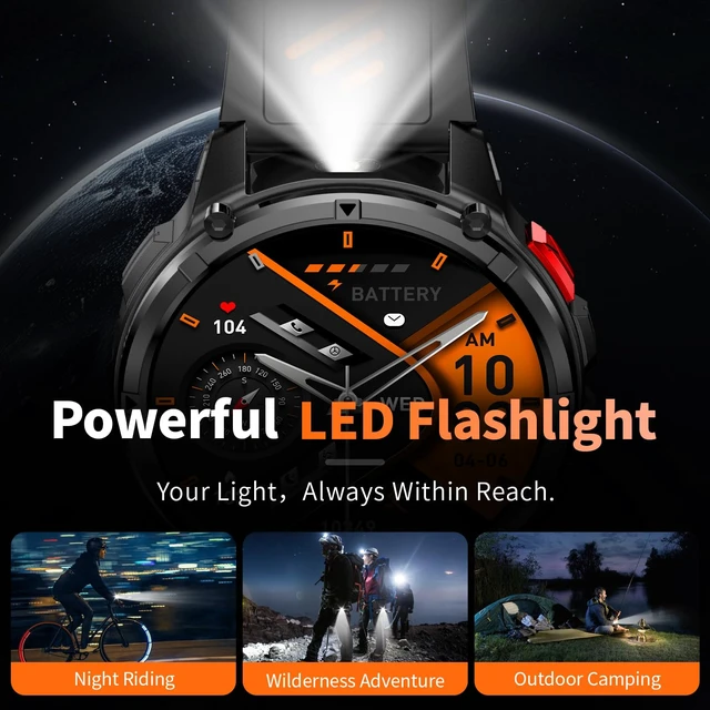 Alt view image 4 of 7 - Military Smartwatch for Men with Compass & Flashlight, Rugged Smart Watch with Bluetooth Calling, Outdoor Fitness Tracker with Heart Rate Sleep Monitor, 100+ Sport Modes Waterproof for Android iPhone