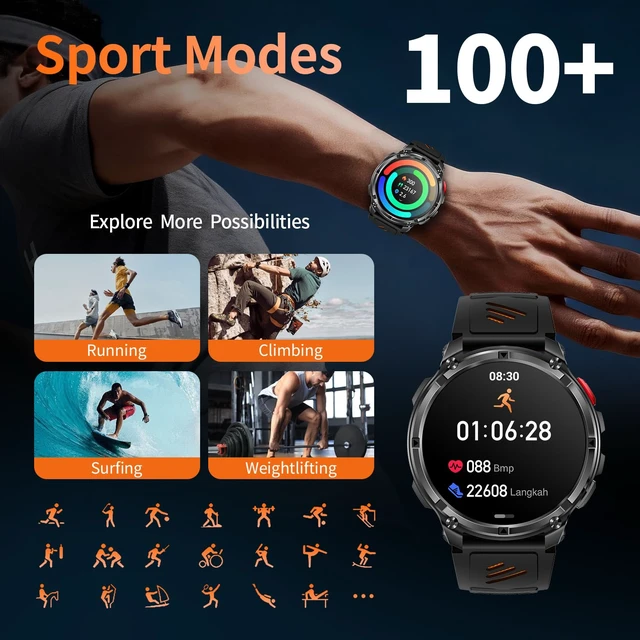 Alt view image 7 of 7 - Military Smartwatch for Men with Compass & Flashlight, Rugged Smart Watch with Bluetooth Calling, Outdoor Fitness Tracker with Heart Rate Sleep Monitor, 100+ Sport Modes Waterproof for Android iPhone