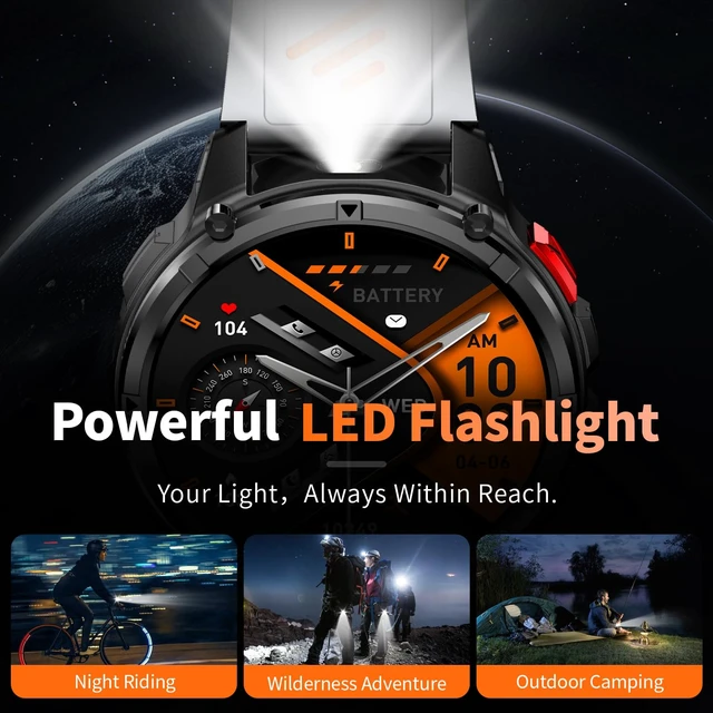 Alt view image 4 of 7 - Military Smartwatch for Men with Compass & Flashlight, Bluetooth Calling Rugged Outdoor Smart Watch, Fitness Tracker with Heart Rate Sleep Monitor, Waterproof Tactical Smartwatch for Android iPhone