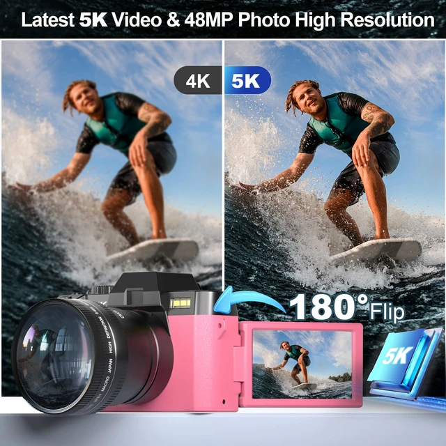 Alt view image 2 of 7 - 5K 64MP Digital Cameras for Photography, Vlogging Point and Shoot Camera AutofocusWIFi Connect16X Zoom180° Flip Screen, 32GB Card, 2 Batteries, for Beginners, Entry-Level User