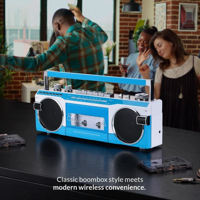 Alt view image 5 of 7 - Streetjam Retro Boombox Cassette Player & Recorder, Bluetooth 5.3 Wireless Speaker, FM/AM Radio, USB/SD MP3, AUX, Portable Handle (Blue/White)