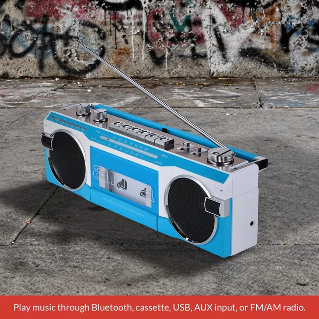 Alt view image 7 of 7 - Streetjam Retro Boombox Cassette Player & Recorder, Bluetooth 5.3 Wireless Speaker, FM/AM Radio, USB/SD MP3, AUX, Portable Handle (Blue/White)