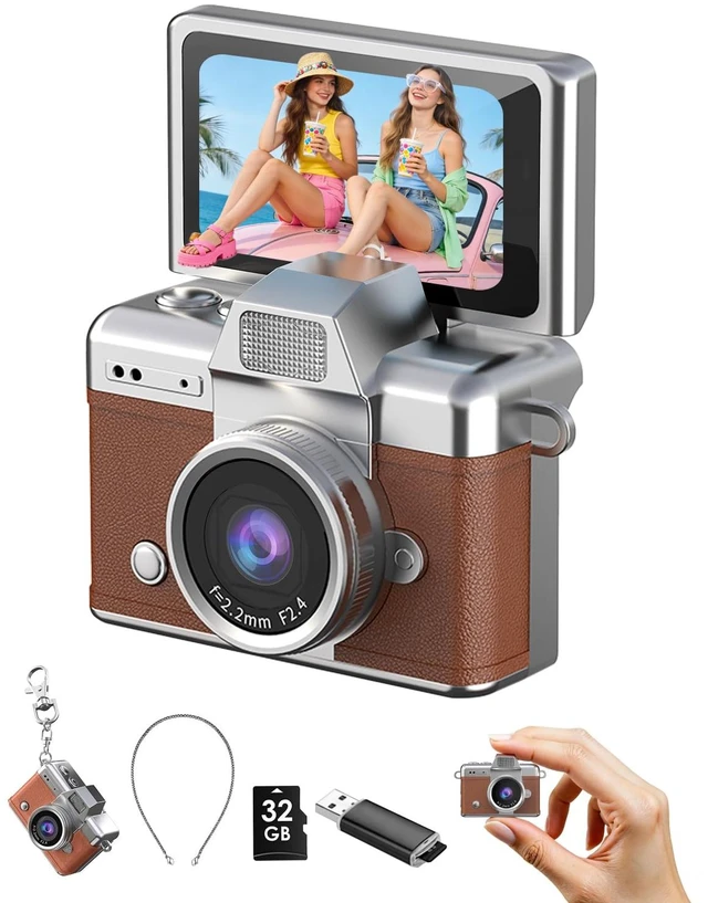 Main image of Mini Keychain Camera, 1080P Portable Digital Camera with 1.47 Flip LCD & Flash, Retro Collectible Pocket Camera for Travel, Parties, Birthday(Brown32GB)