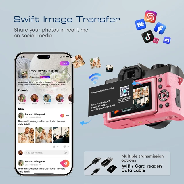 Alt view image 7 of 7 - 5K 64MP Digital Cameras for Photography, Vlogging Point and Shoot Camera AutofocusWIFi Connect16X Zoom180° Flip Screen, 32GB Card, 2 Batteries, for Beginners, Entry-Level User