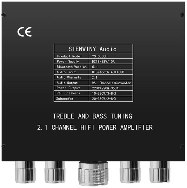 Alt view image 4 of 7 - 2.1 Channel Bluetooth 5.1 Amplifier Module with TPA3255 Chip 220W*2+350W Output, APP Control, AUX+USB+Sound Card Input, Overvoltage/Short Circuit Protection for Home Theater & DIY Speakers