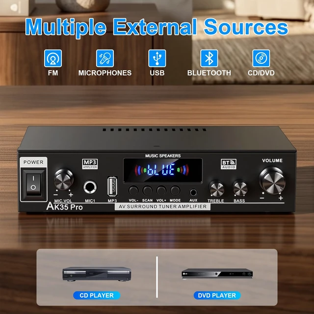 Alt view image 2 of 7 - AK35Pro Bluetooth 5.0 2Channel Stereo Mini Amplifier for Home Speakers FM Radio, USB/SD Card Playback, MIC Input, Remote Control, Suitable for Home Theater Passive Speakers