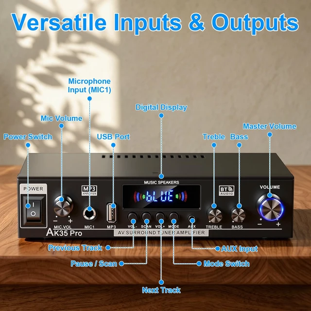 Alt view image 4 of 7 - AK35Pro Bluetooth 5.0 2Channel Stereo Mini Amplifier for Home Speakers FM Radio, USB/SD Card Playback, MIC Input, Remote Control, Suitable for Home Theater Passive Speakers